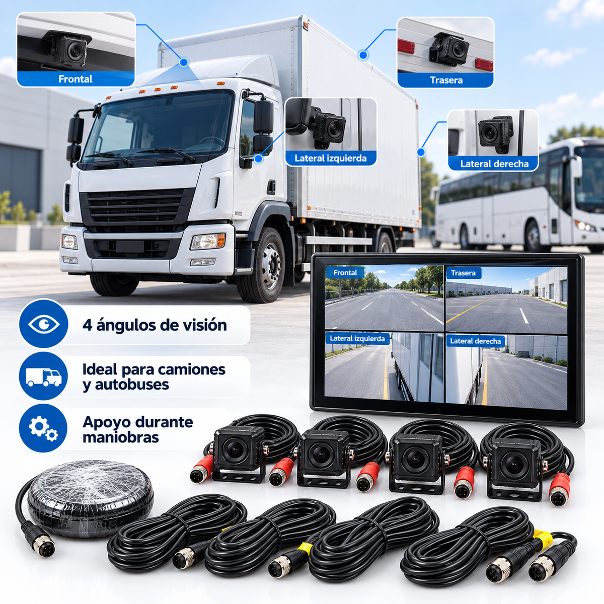 Kit de seguridad vehicular con monitor, cuatro cámaras y accesorios para instalación en vehículos comerciales