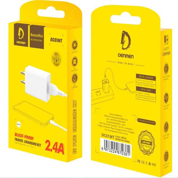 Cargador cubo casa 2.4 a + cable USB TIPO-C DC01MT Denmen blanco