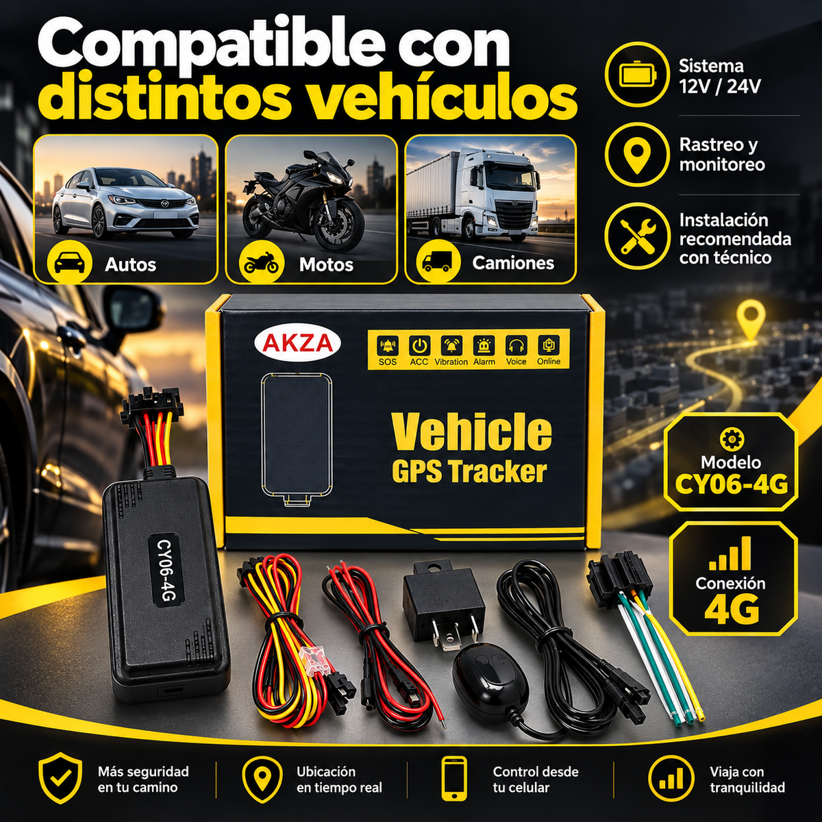 Compatibilidad del GPS Tracker AKZA CY06-4G con autos, motos y camiones