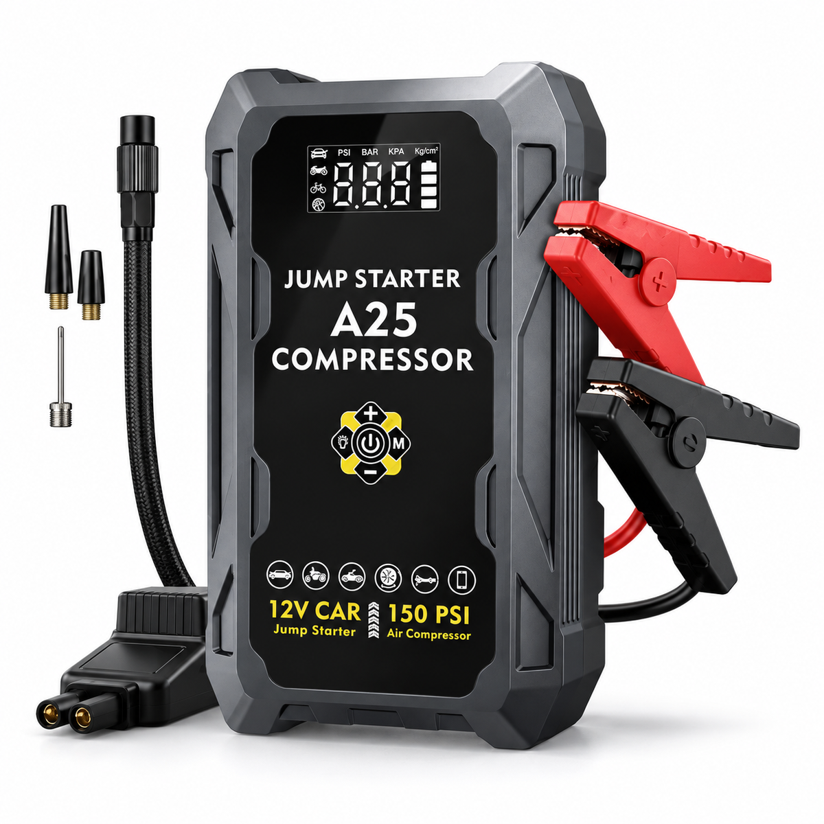 Arrancador portátil A25 12V con compresor de aire 150 PSI, pinzas, manguera y boquillas