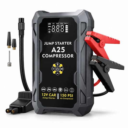 Arrancador portátil A25 12V con compresor de aire 150 PSI, pinzas, manguera y boquillas