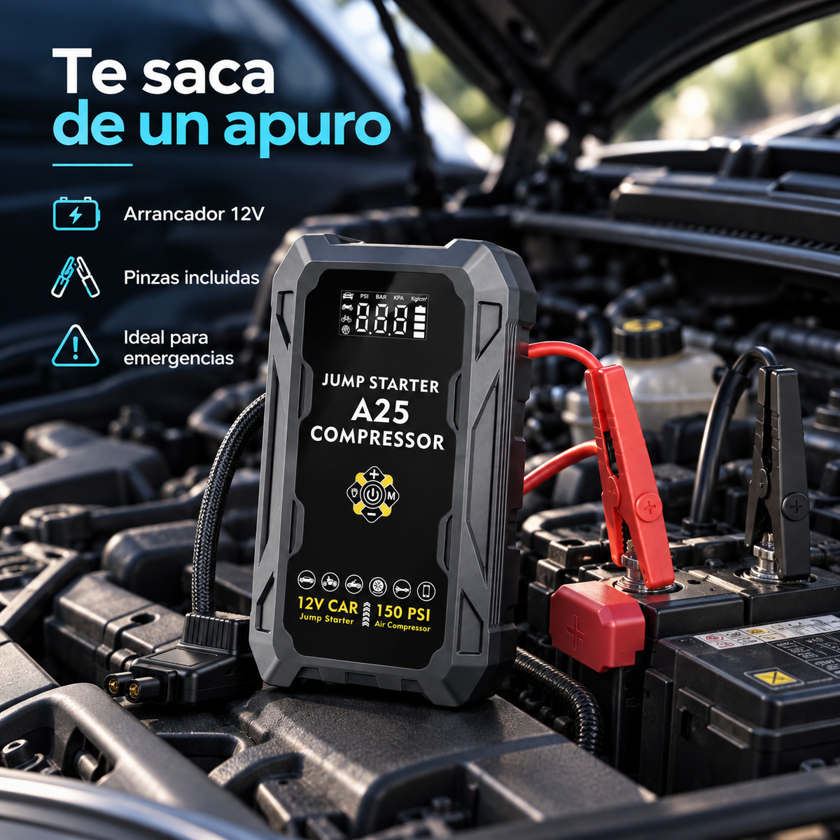 Arrancador A25 conectado a batería de automóvil de 12V para emergencia