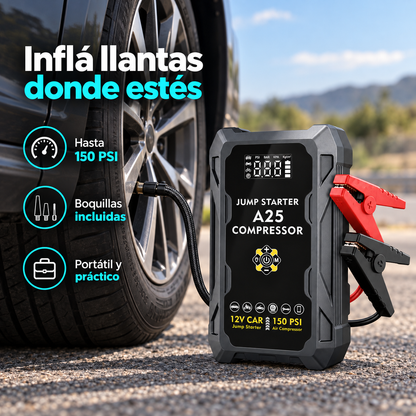 Compresor portátil A25 inflando una llanta de automóvil hasta 150 PSI