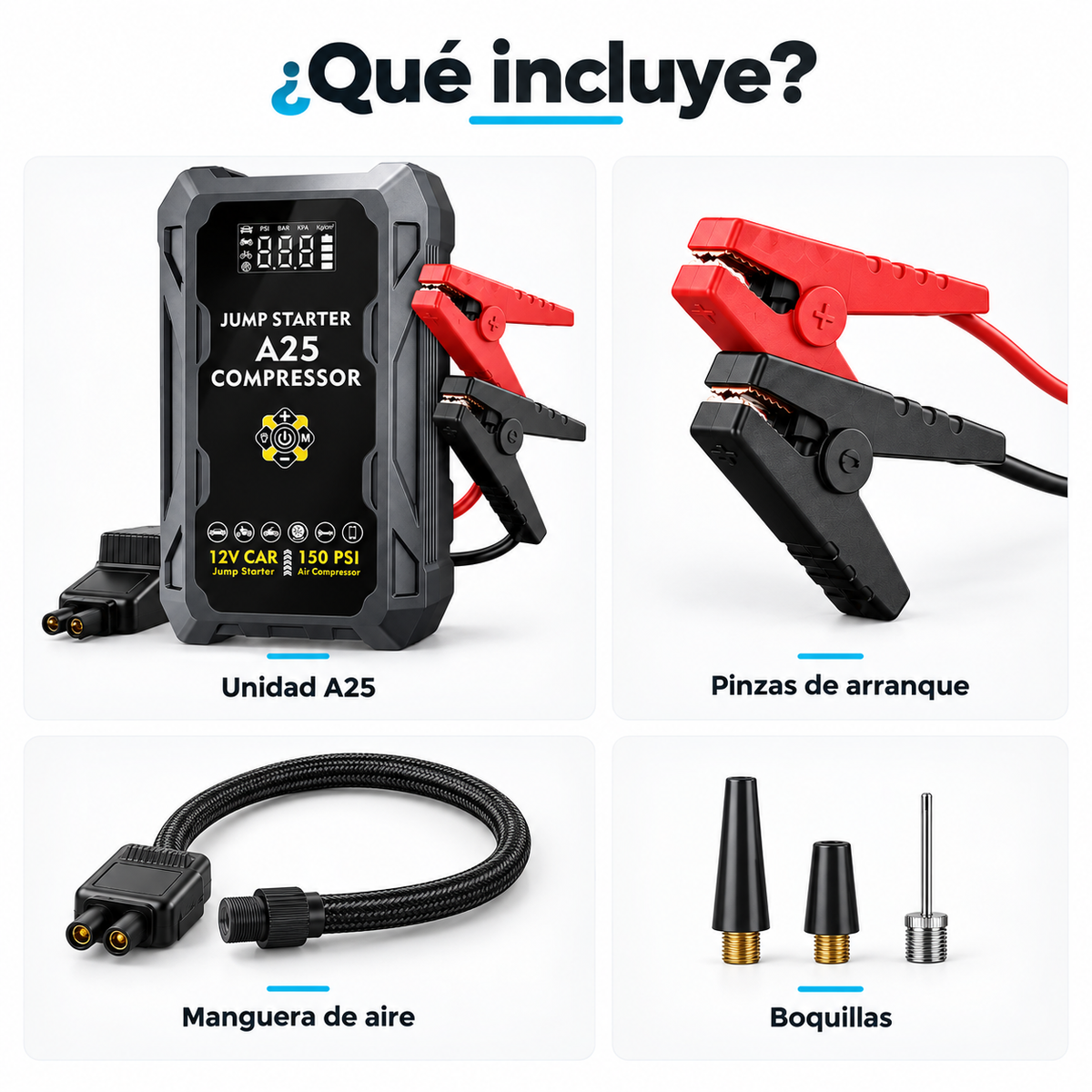 Contenido del kit A25: unidad, pinzas de arranque, manguera de aire y boquillas adaptadoras