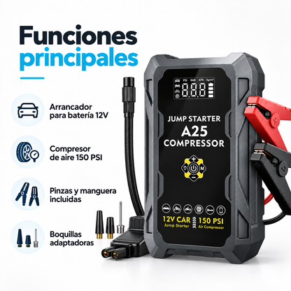 Funciones del A25: arrancador 12V, compresor 150 PSI, pinzas, manguera y boquillas