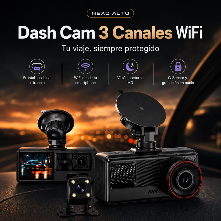 Dash Cam Nexo 3 Canales WiFi – Frontal, Cabina y Trasera