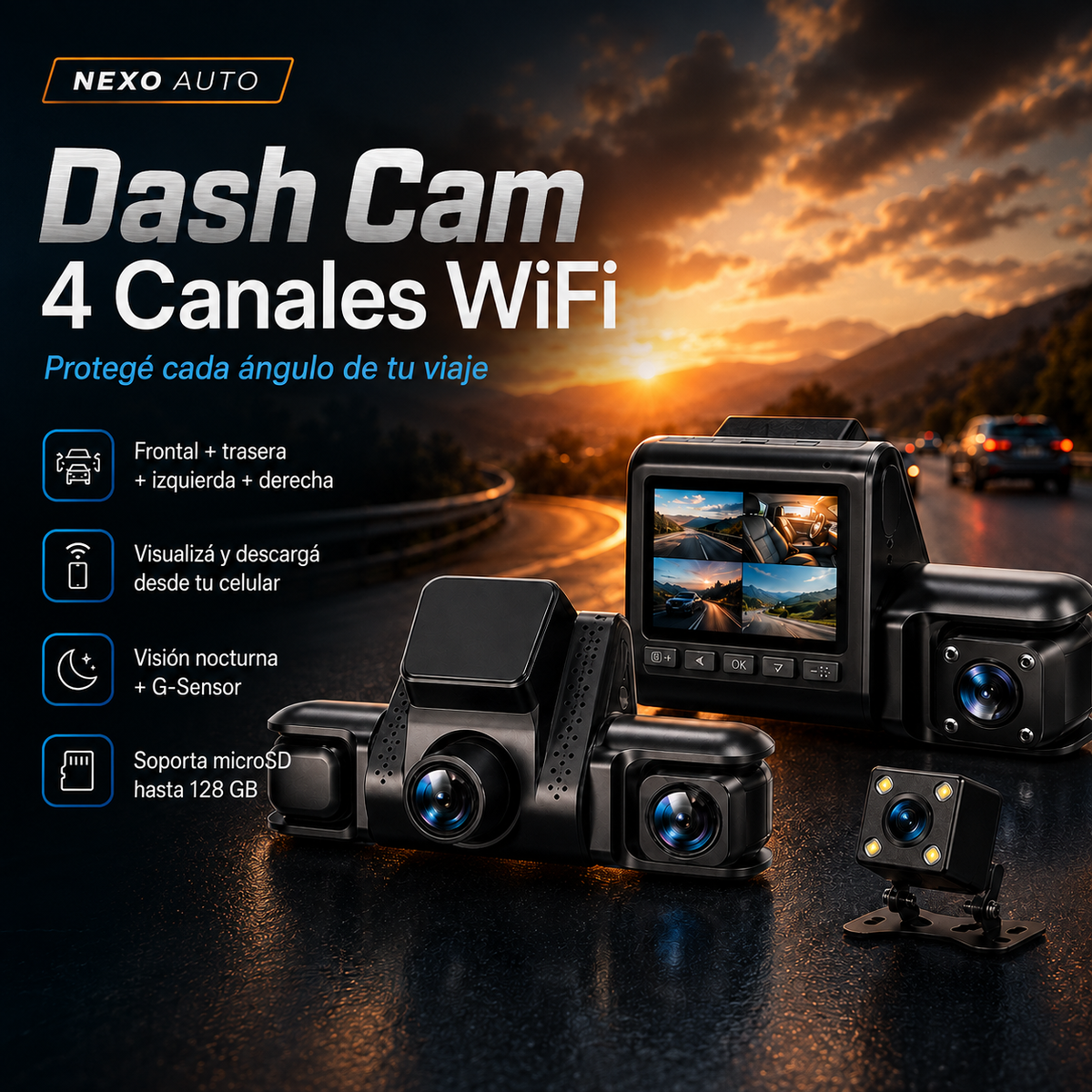 Dash Cam Nexo Auto 4 canales WiFi: frontal, trasera y laterales