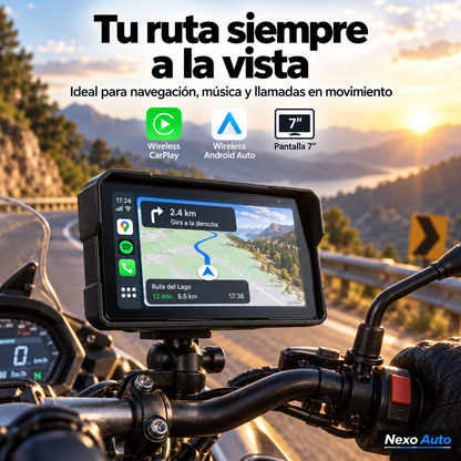 Pantalla Nexo Auto de 7 pulgadas instalada en motocicleta para navegación con CarPlay y Android Auto