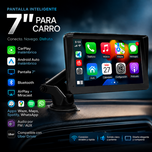 Pantalla Inteligente 7” para Carro – CarPlay y Android Auto Inalámbrico
